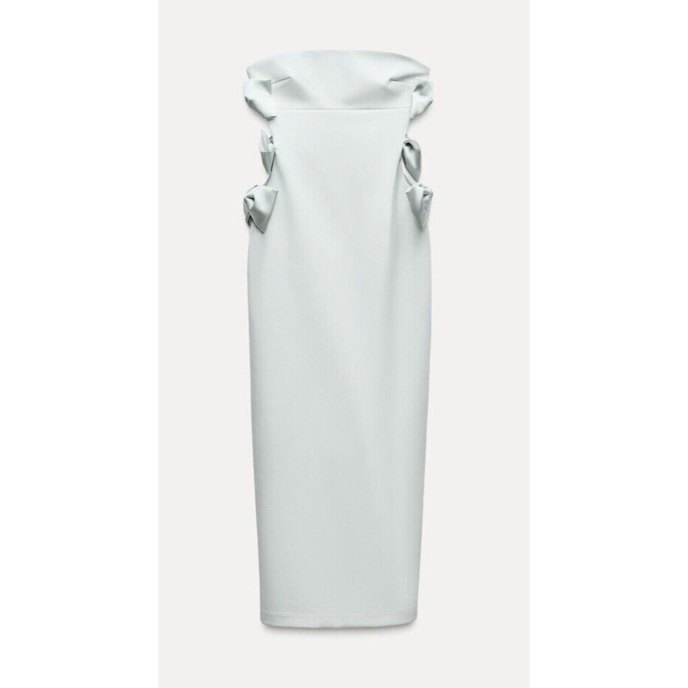 ZARA NEW WOMAN FITTED STRAPLESS MIDI DRESS WITH SATIN BOWS SEA GREEN SIZE LARGE